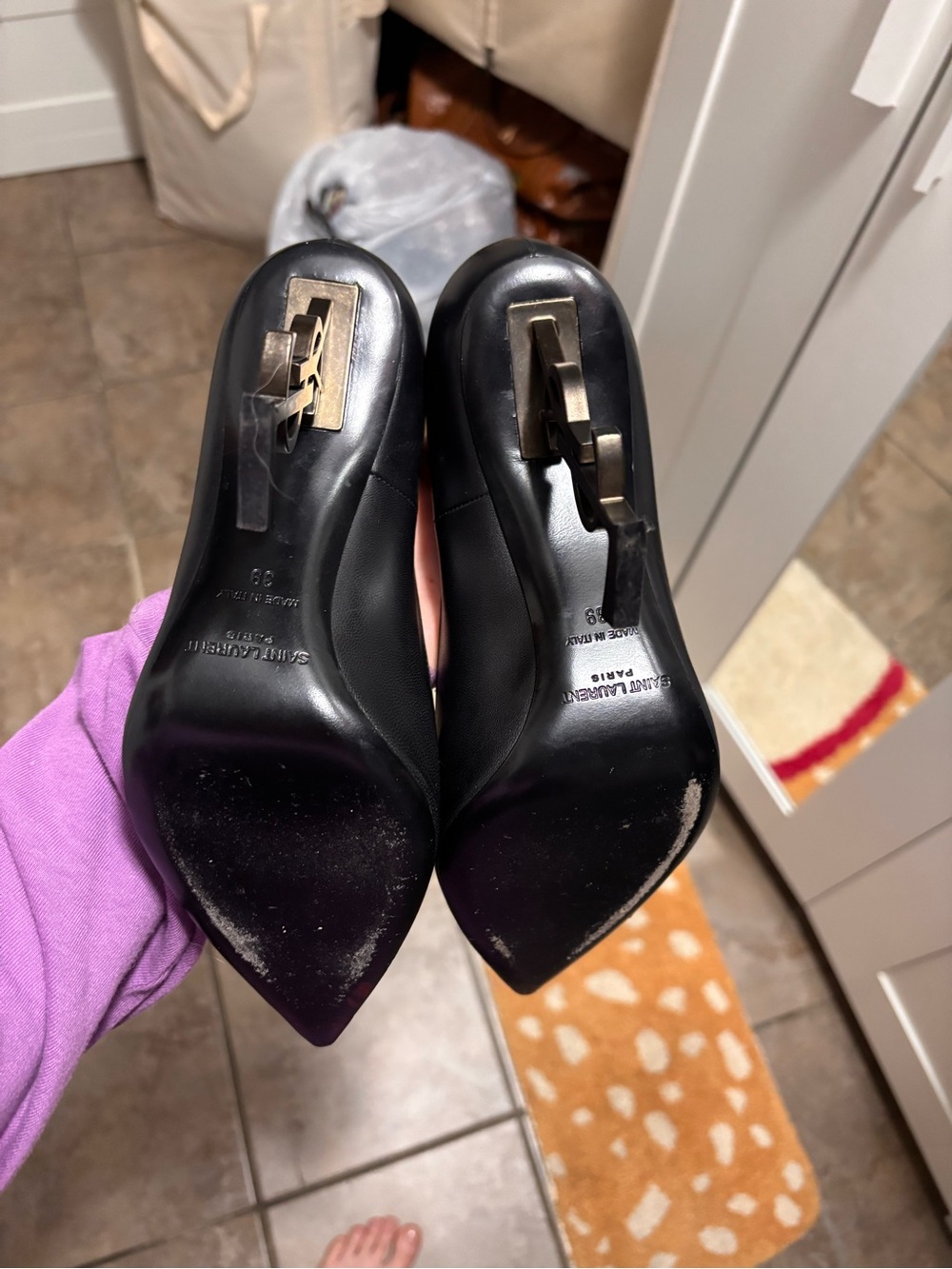 Yves Saint Laurent Black Leather Pumps with Gold Monogram Heel - Picture 5 of 5